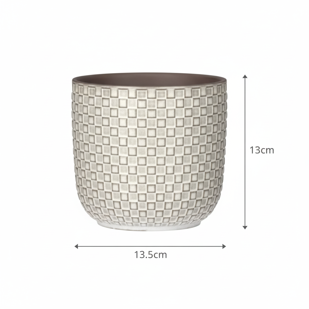 Plantenpot met reliëf, keramiek in wit, Ø13,5 cm, groene bladeren