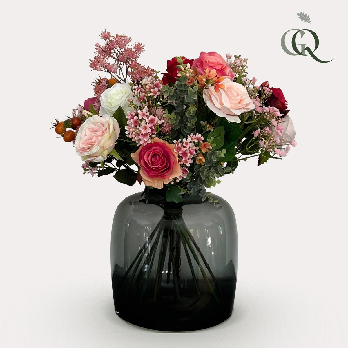 Kunstbloemen - Boeket M - Flame Roses, groene bladeren