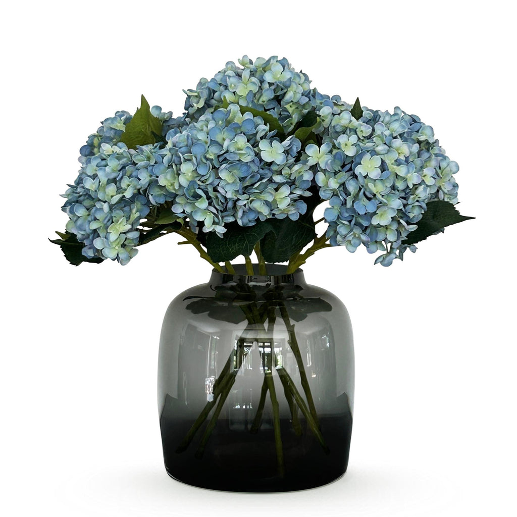 Kunstbloemen Solo - blauw - hortensia - x 8, groene bladeren