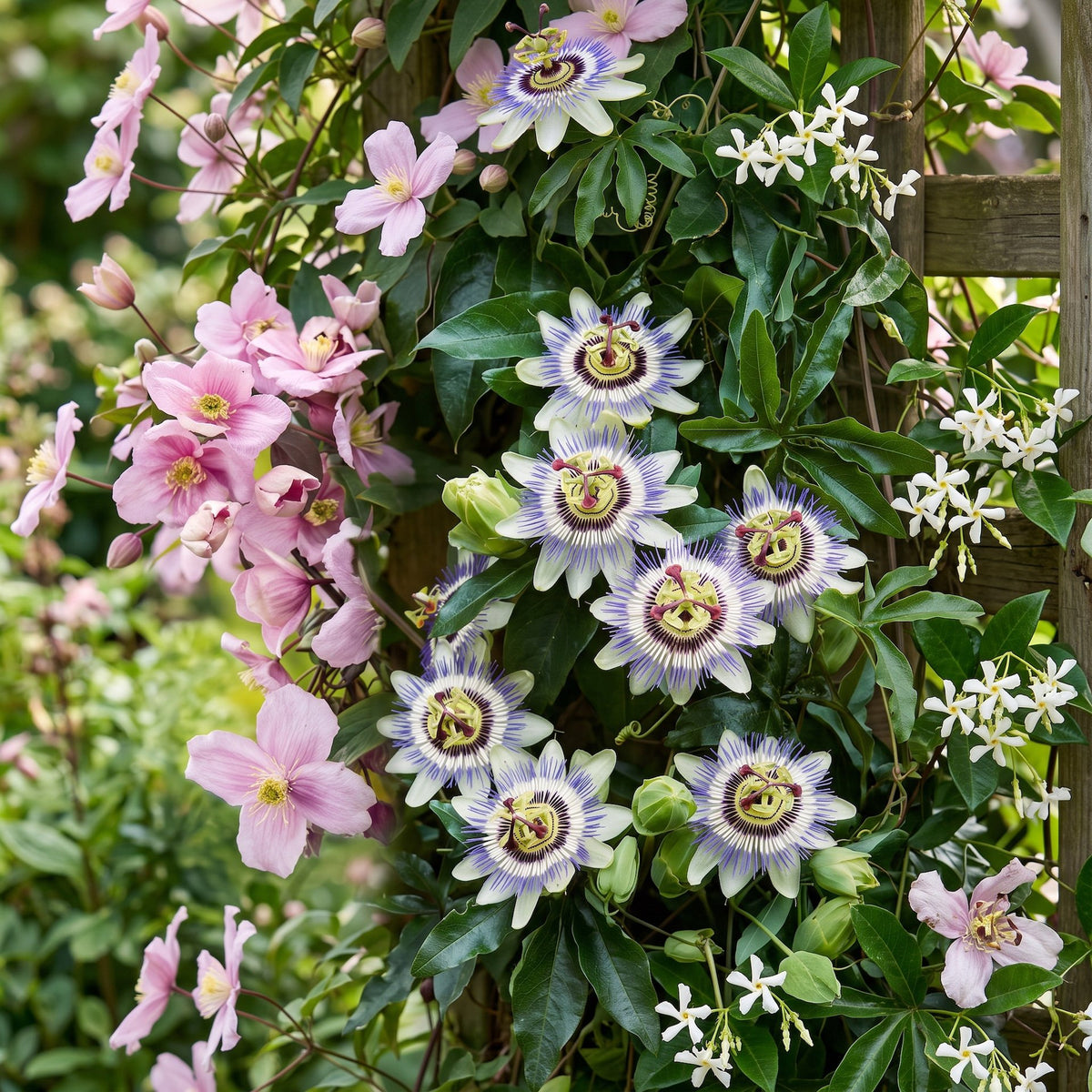 Klimplanten tricolor mix, bergclematis, passiebloem en sterjasmijn, groeiwijze van de plant