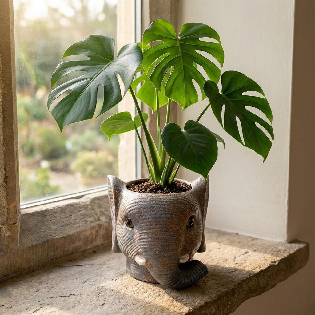 Planter Olifant D11/12x10cm - Grijs - D11/12x10cm, groene bladeren