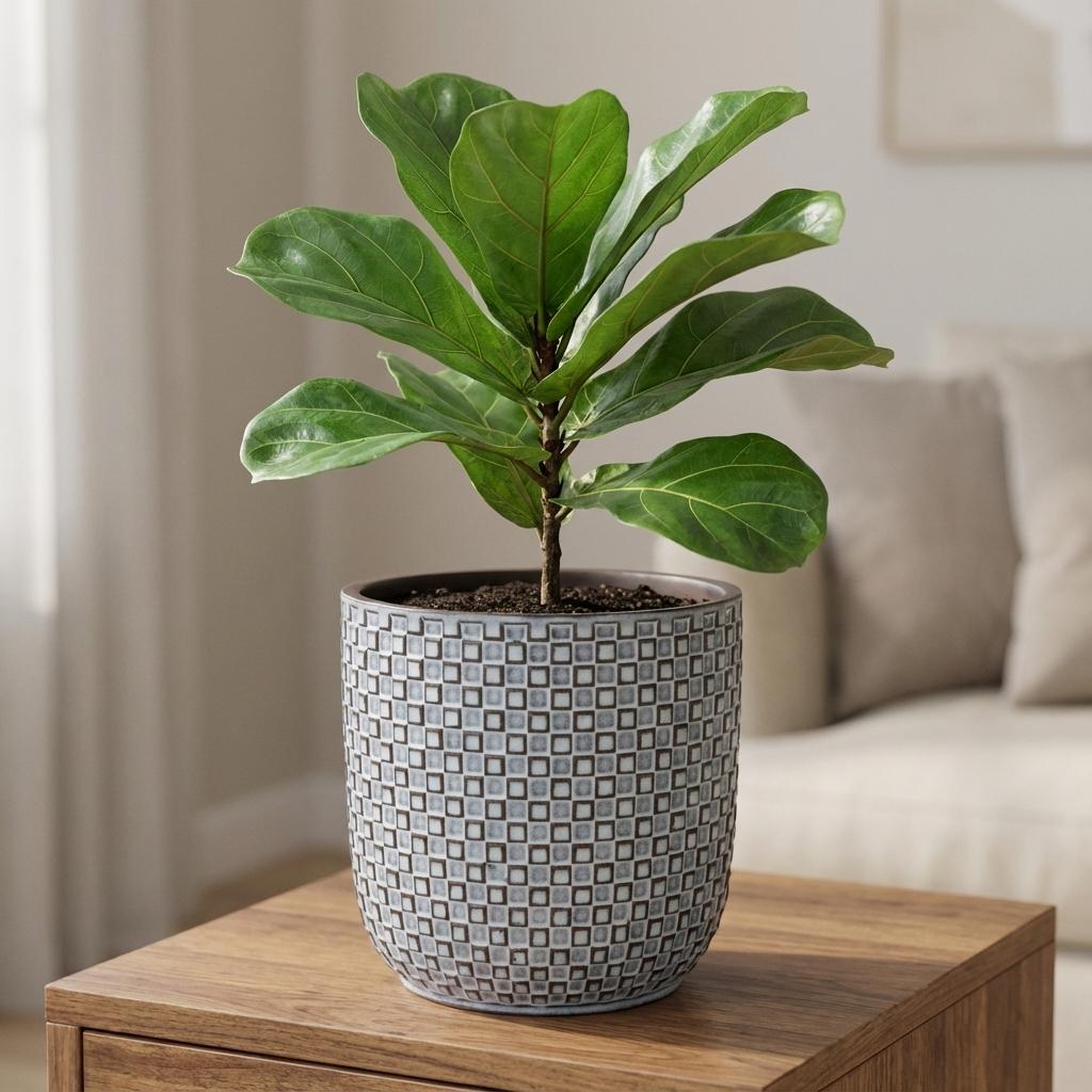 Mini plantenpot met reliëf, keramiek in blauw, Ø7 cm, groene bladeren