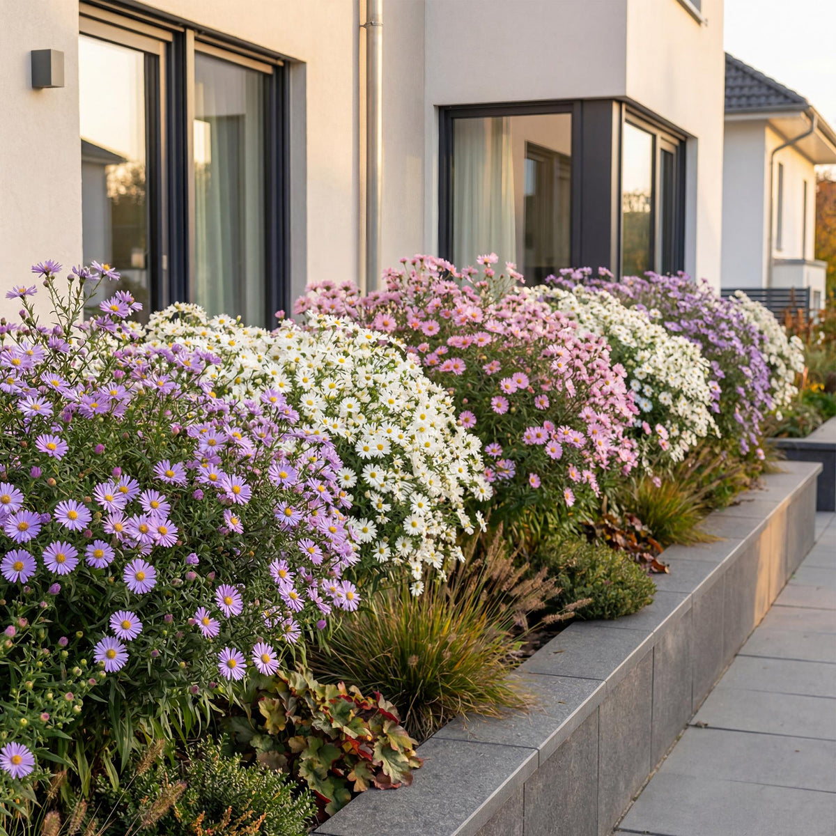 Zee aster Tricolour, met paarse, roze en witte bloemen, groeiwijze van de plant