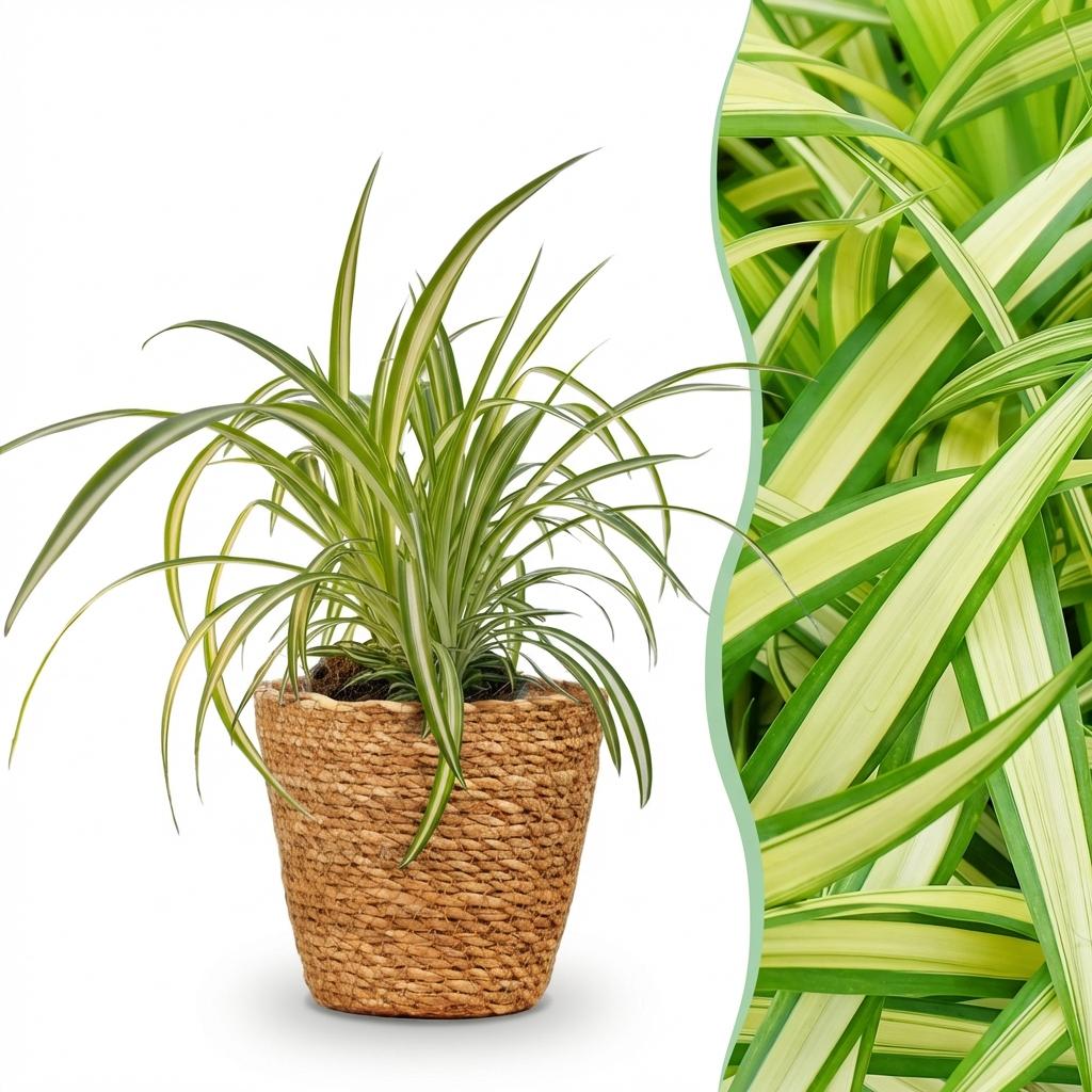 Chlorophytum comosum Variegatum met mand, detail van het blad