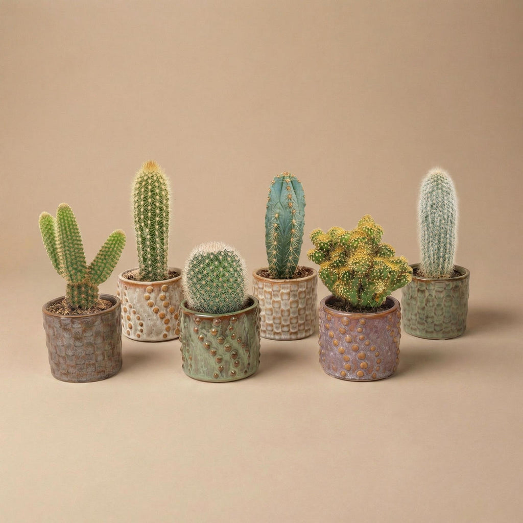 Cactus Set van 6 in Keramische Mini Potjes Madrid, groene bladeren