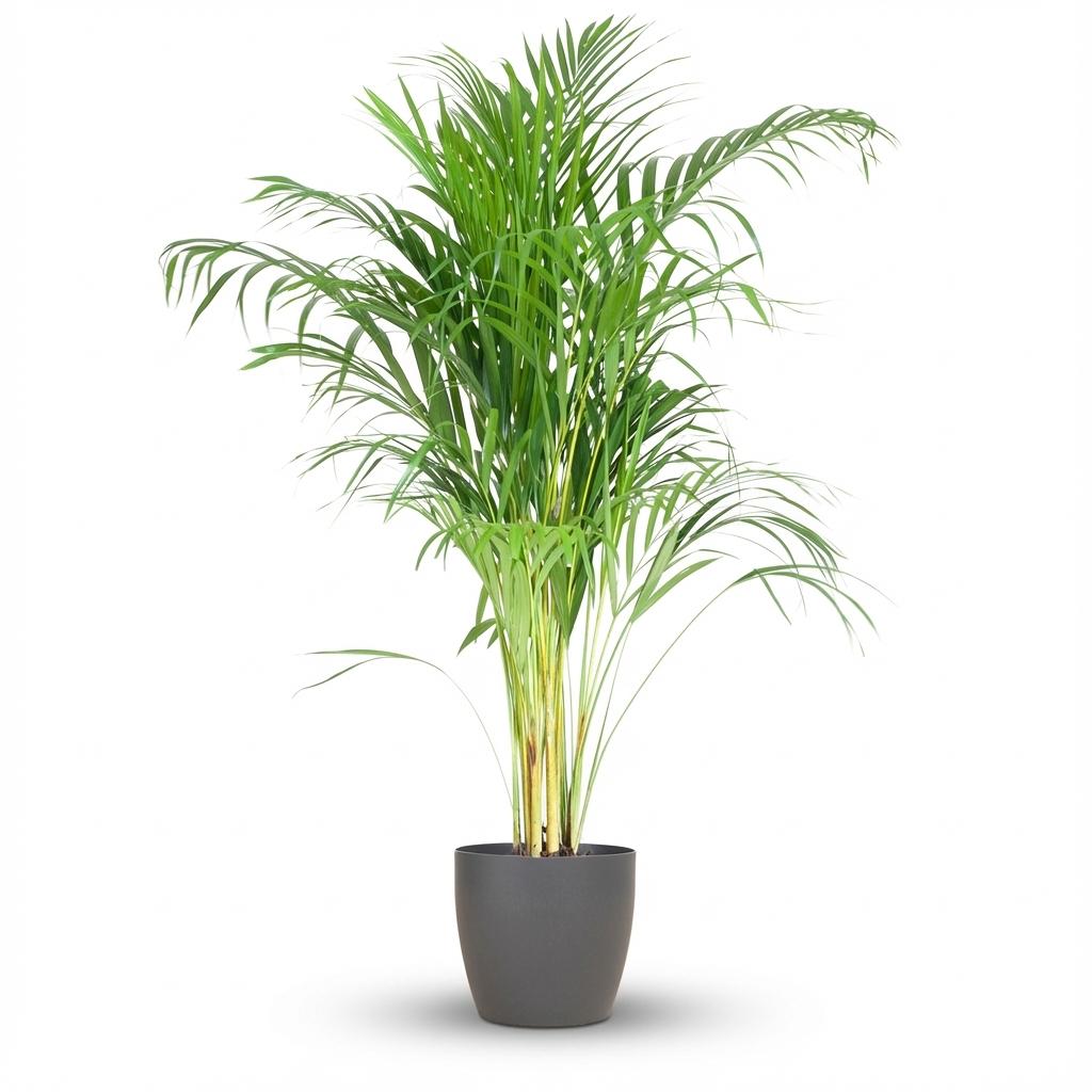 Areca Palm (Dypsis) mit grijze pot, detail van het blad