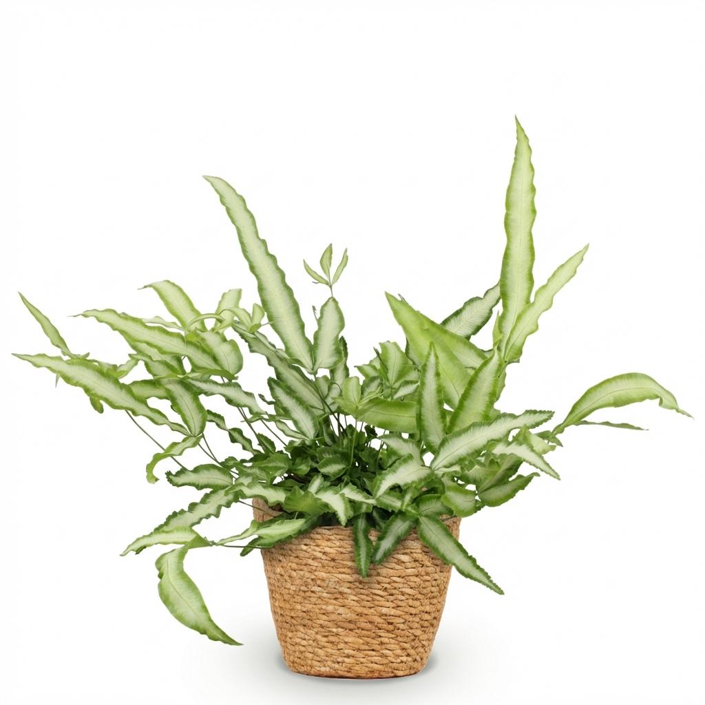 Pteris cretica Albolineata met mand, compacte kamerplant