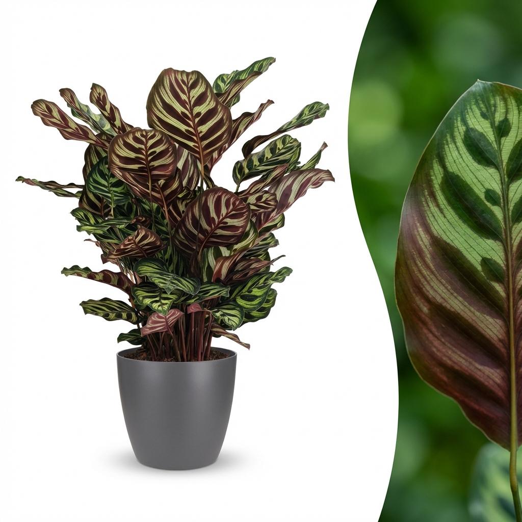 Pauwenplant (Calathea Makoyana) met grijze pot, detail van het blad