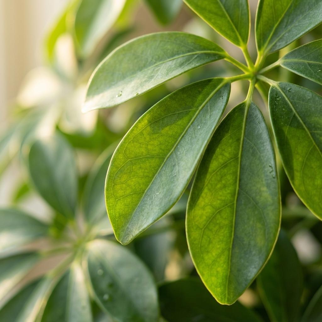 Schefflera Arab Nora met witte pot, detail van het blad