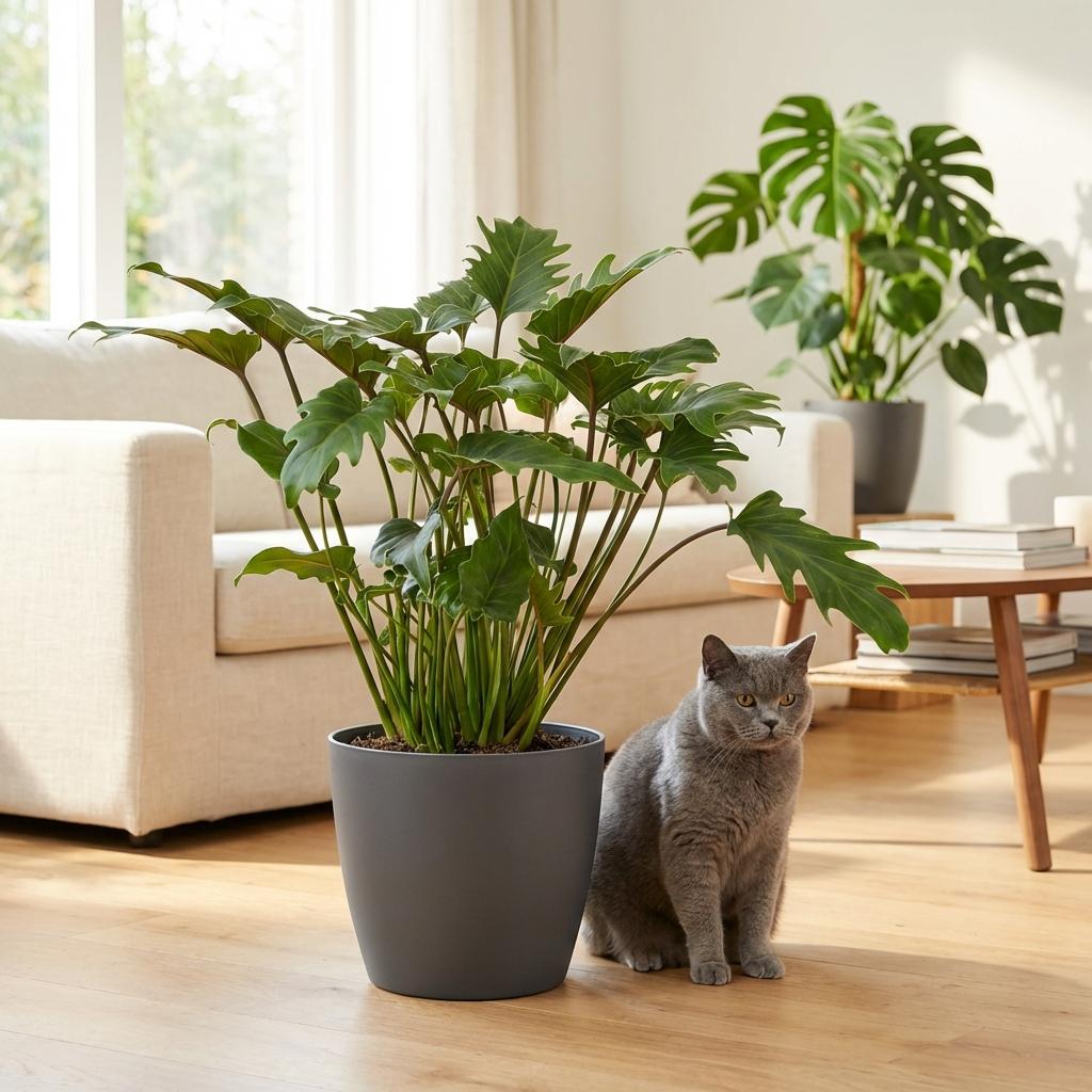 Philodendron Xanadu met grijze pot, kenmerkend blad
