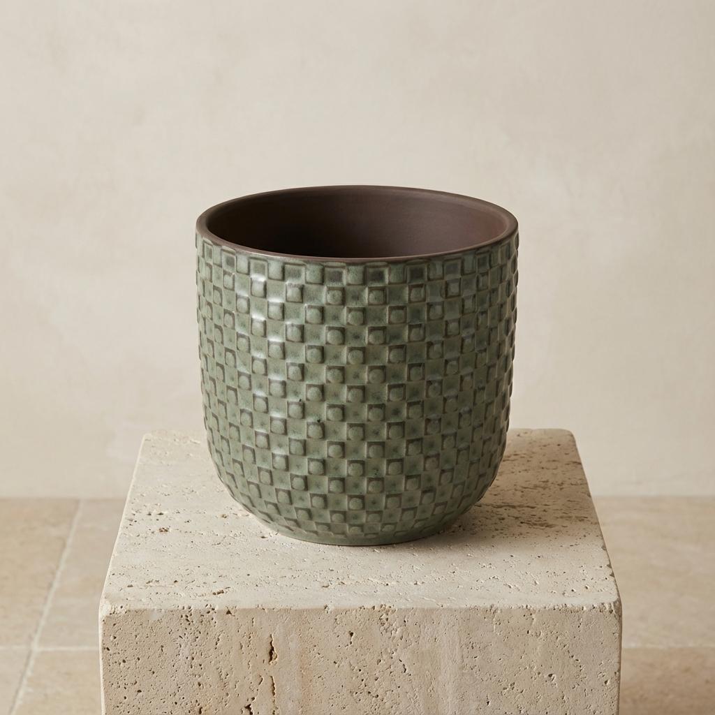 Mini plantenpot met reliëf, keramiek in groen, Ø7 cm, gezonde plant