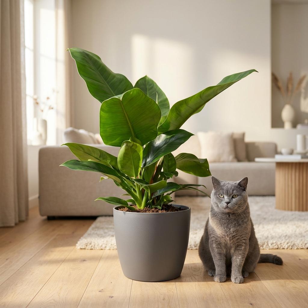 Philodendron Imperial Green met grijze pot, kenmerkend blad