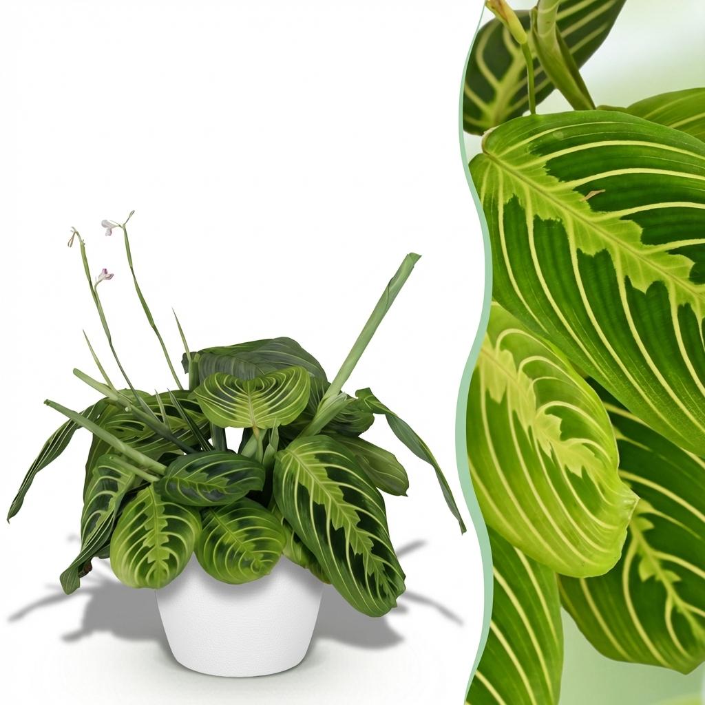 Maranta Fascinator Lemon Lime met witte pot, plant in pot