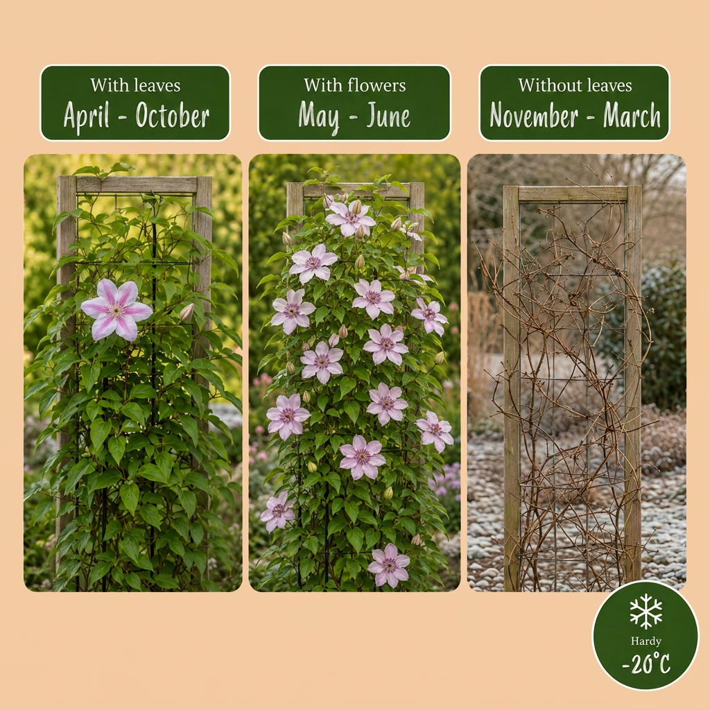 Clematis 'Nelly Moser' - roze gestreepte bosrank, groene bladeren