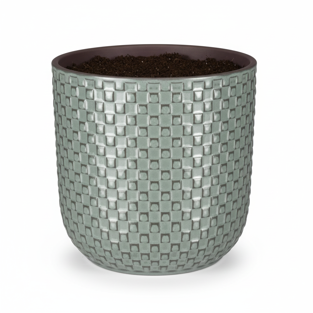 Plantenpot met reliëf, keramiek in saliegroen, Ø13,5 cm, kenmerkend blad