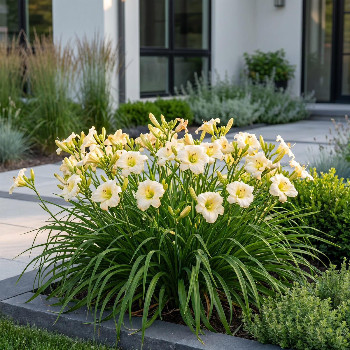 Daglelie Arctic Snow, met crème bloemen, kenmerkend blad