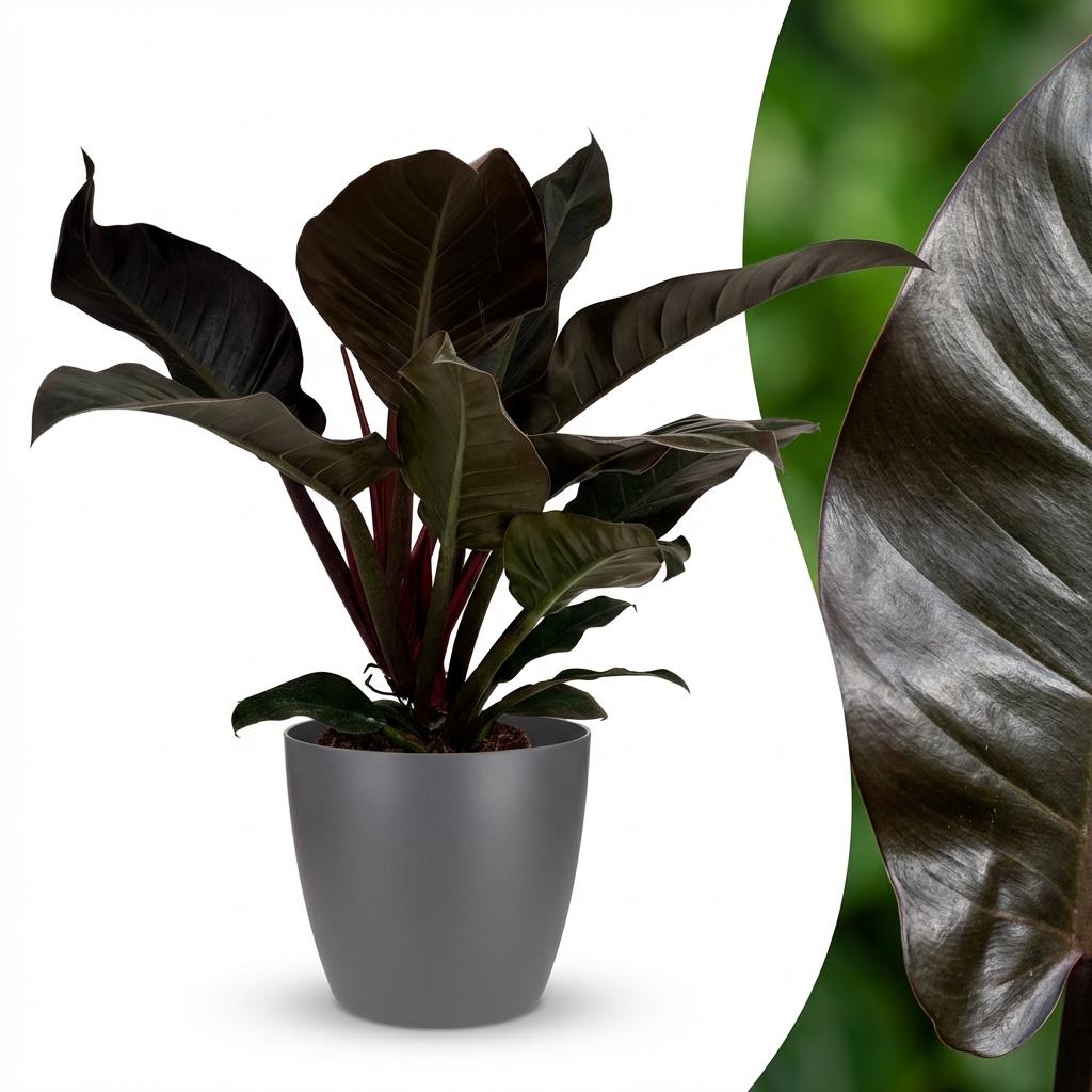 Philodendron Imperial Red met grijze pot, kenmerkend blad