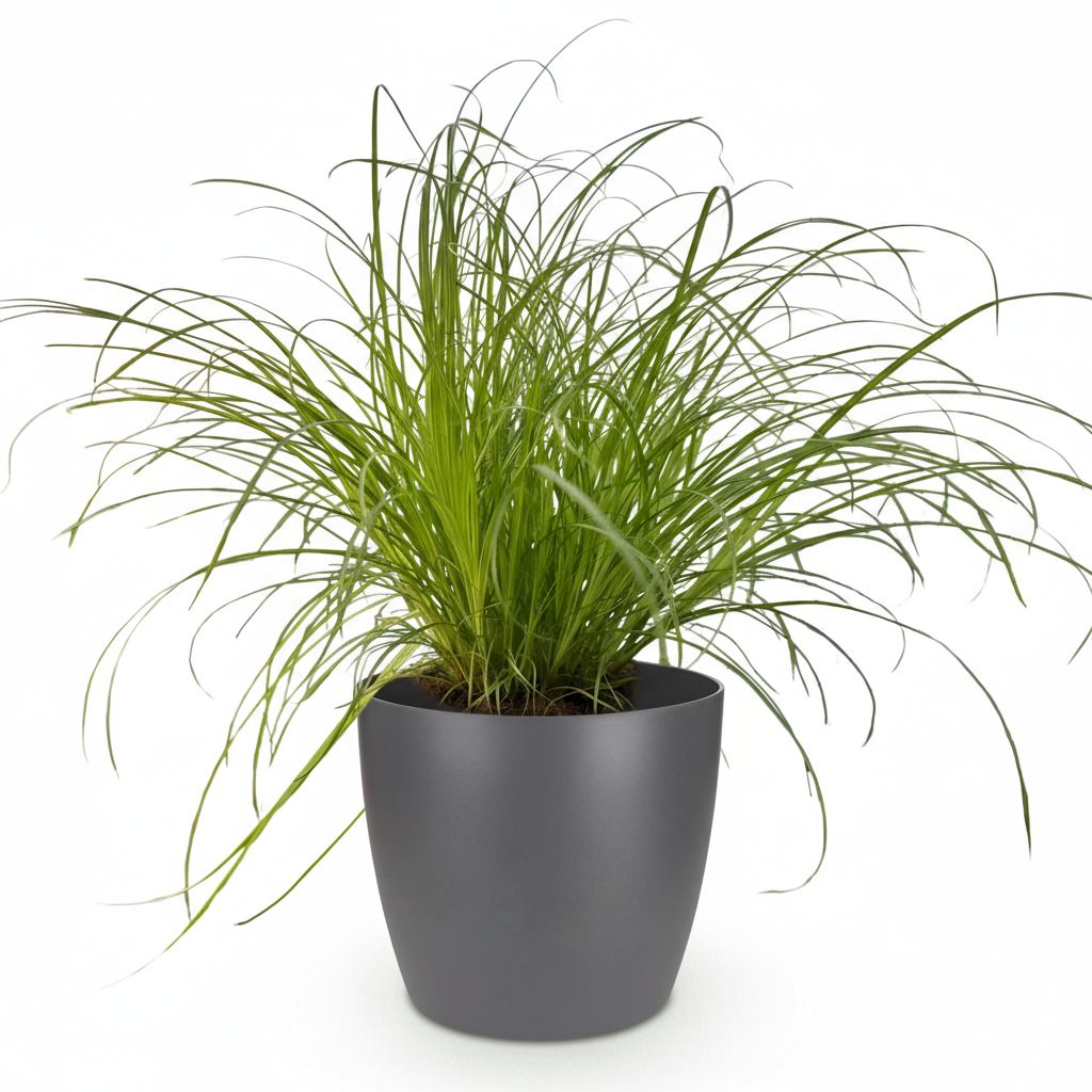 Cyperus alternifolius Zumula met grijze pot, groene bladeren