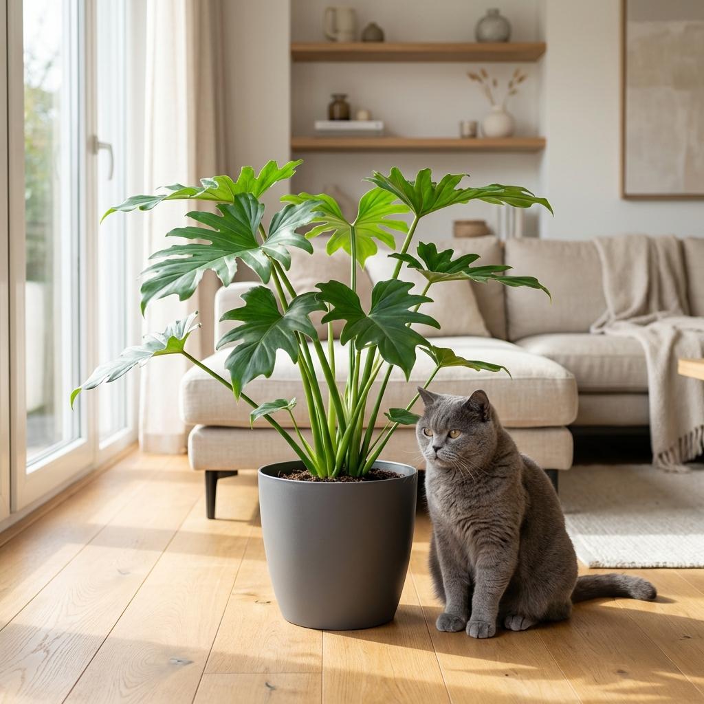 Philodendron Lacerum met grijze pot, kenmerkend blad