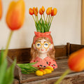 Vaas Jessie met strik en 10 oranje kunsttulpen, plant in pot