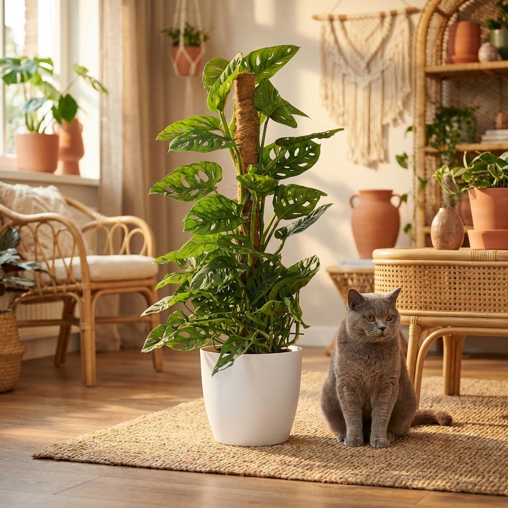 Monkey Mask (Monstera Adansonii Mosstok) met witte pot, plant in pot