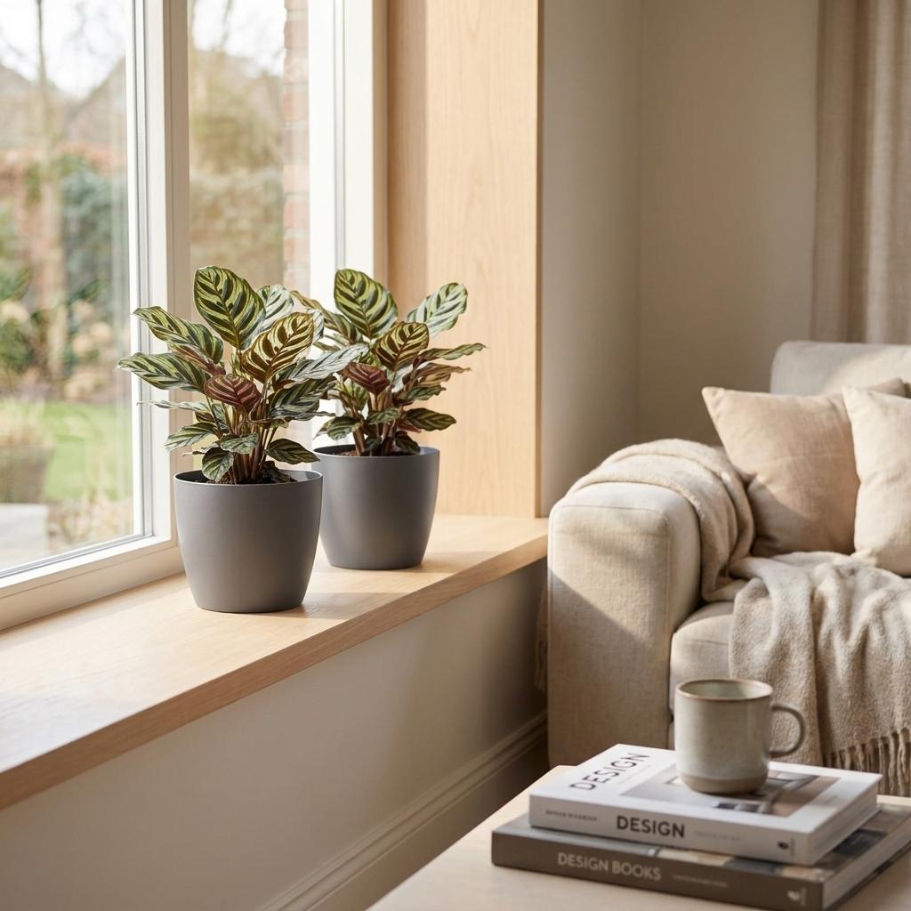 Calathea Makoyana - Pauwenplant met grijze pot, kenmerkend blad