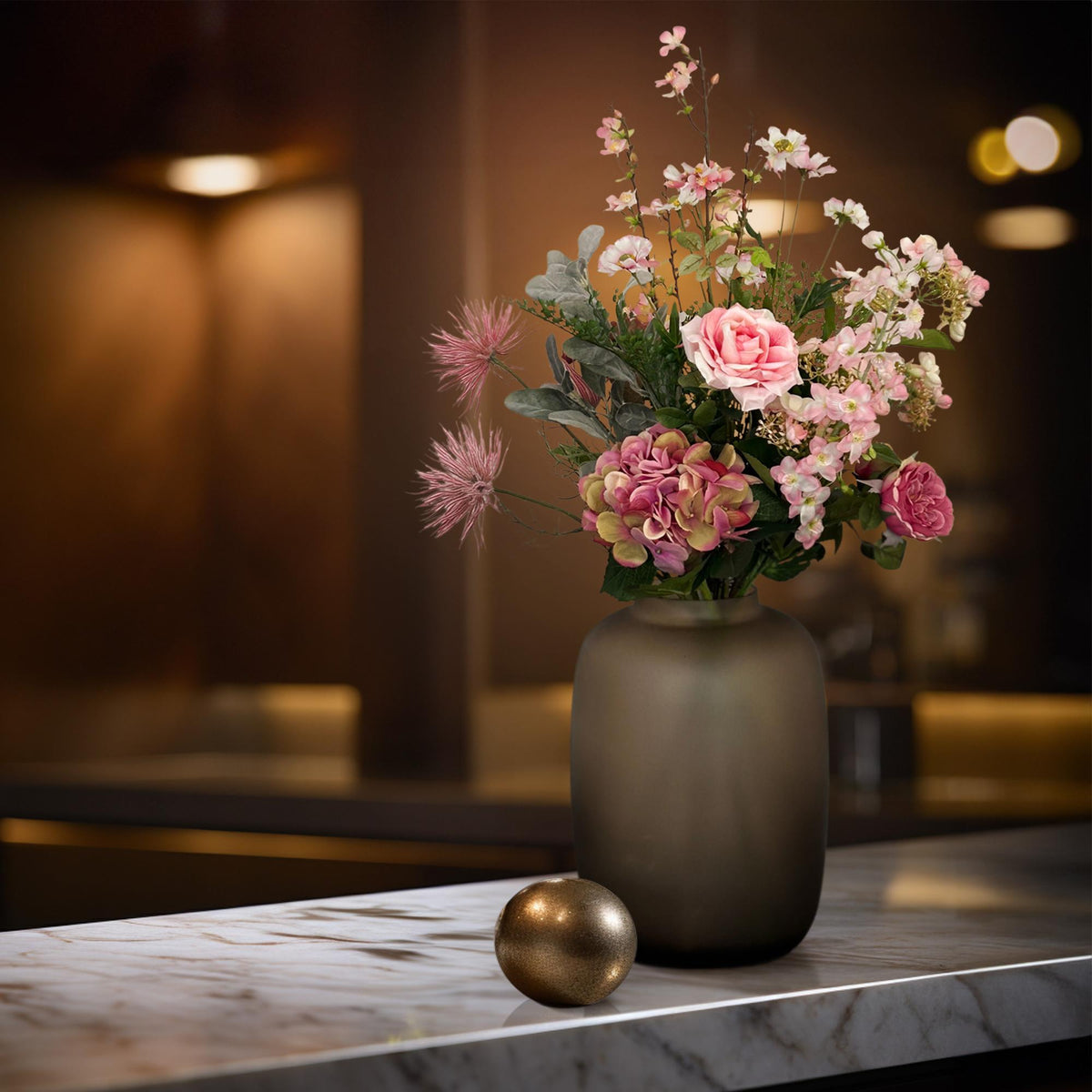 Kunstbloemen - Boeket L - Pretty Pink, groene bladeren