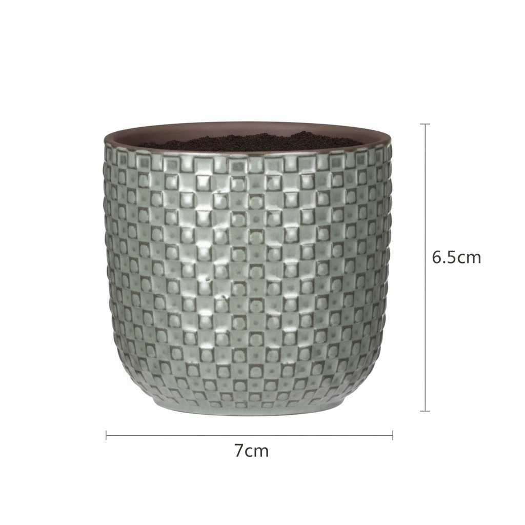 Mini plantenpot met reliëf, keramiek in groen, Ø7 cm, kenmerkend blad