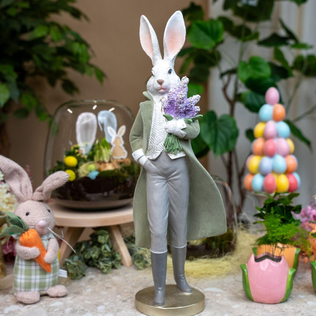 Paashaas beeldje - Haas heer met bloemen, kenmerkend blad