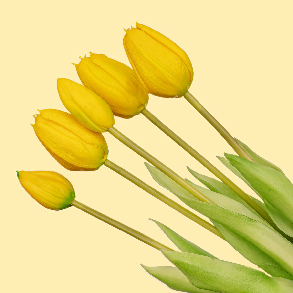 Tulpen boeket Geel - 5 stuks - 'Real Touch' Kunst tulpen, detail van het blad