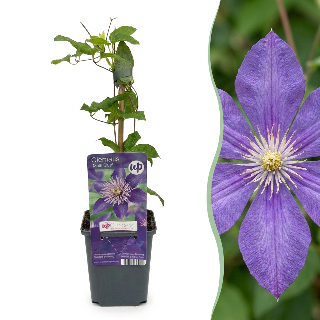 Clematis 'Multi Blue' - blauwe bosrank, plant in pot