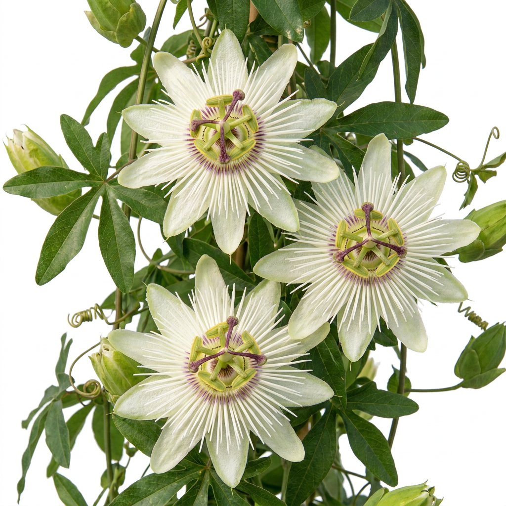 Witte passiebloem Passiflora 'Constance Elliott', groene bladeren