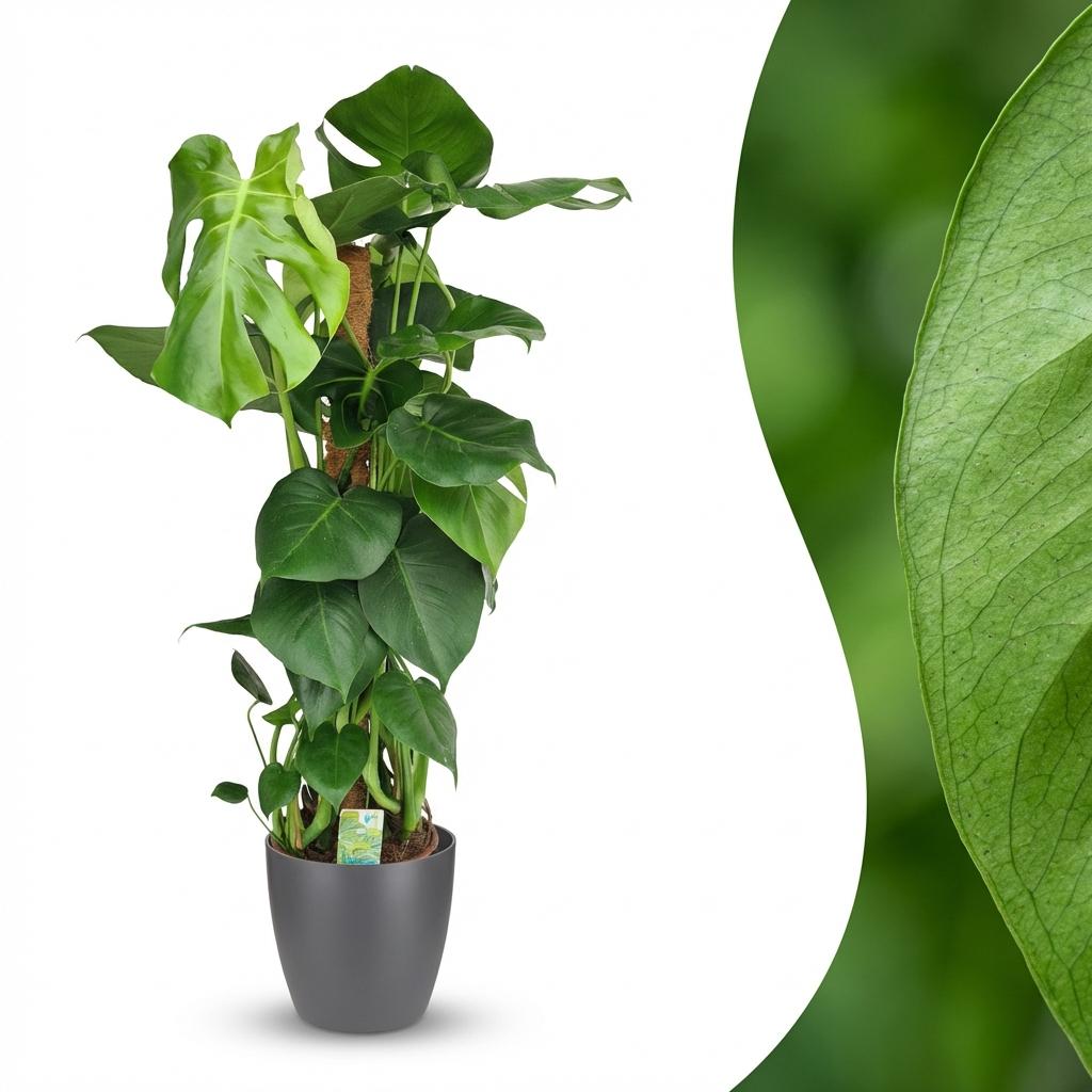Gatenplant - Monstera Deliciosa mosstok  met grijze pot, detail van het blad