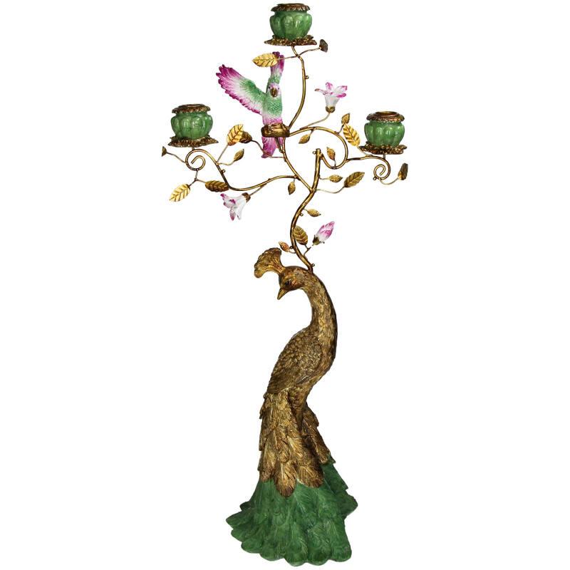 Kaarshouder pauw, meerkleurig polyresin, 65 cm hoog, plant in pot