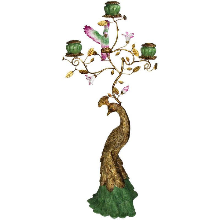 Kaarshouder pauw, meerkleurig polyresin, 65 cm hoog