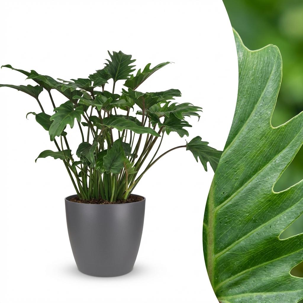 Philodendron Xanadu met grijze pot, detail van het blad