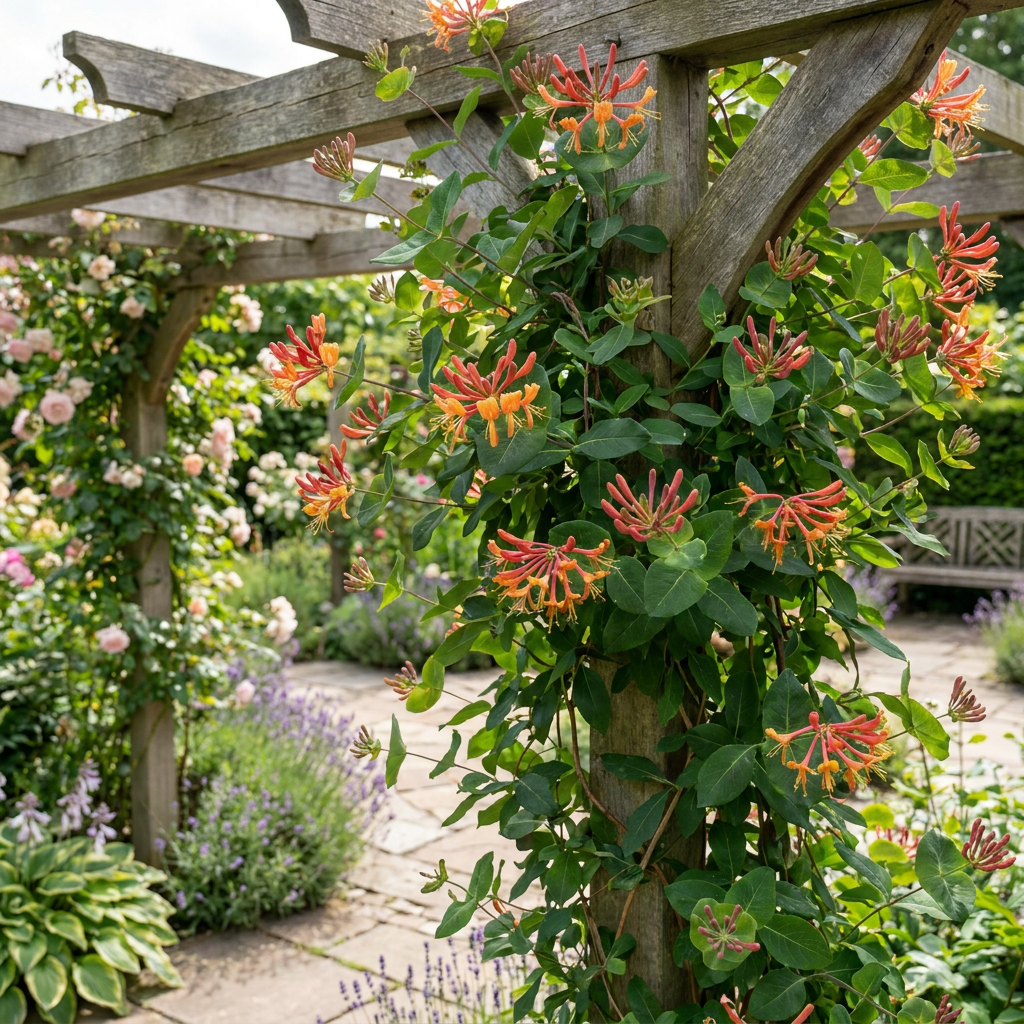 Rode kamperfoelie Lonicera 'Dropmore Scarlet', groene bladeren
