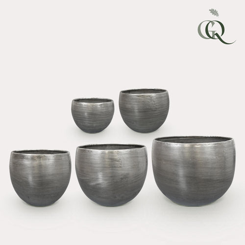 Bloempotten Rowen, set van 5 van aluminium in zilverkleur, plant in pot