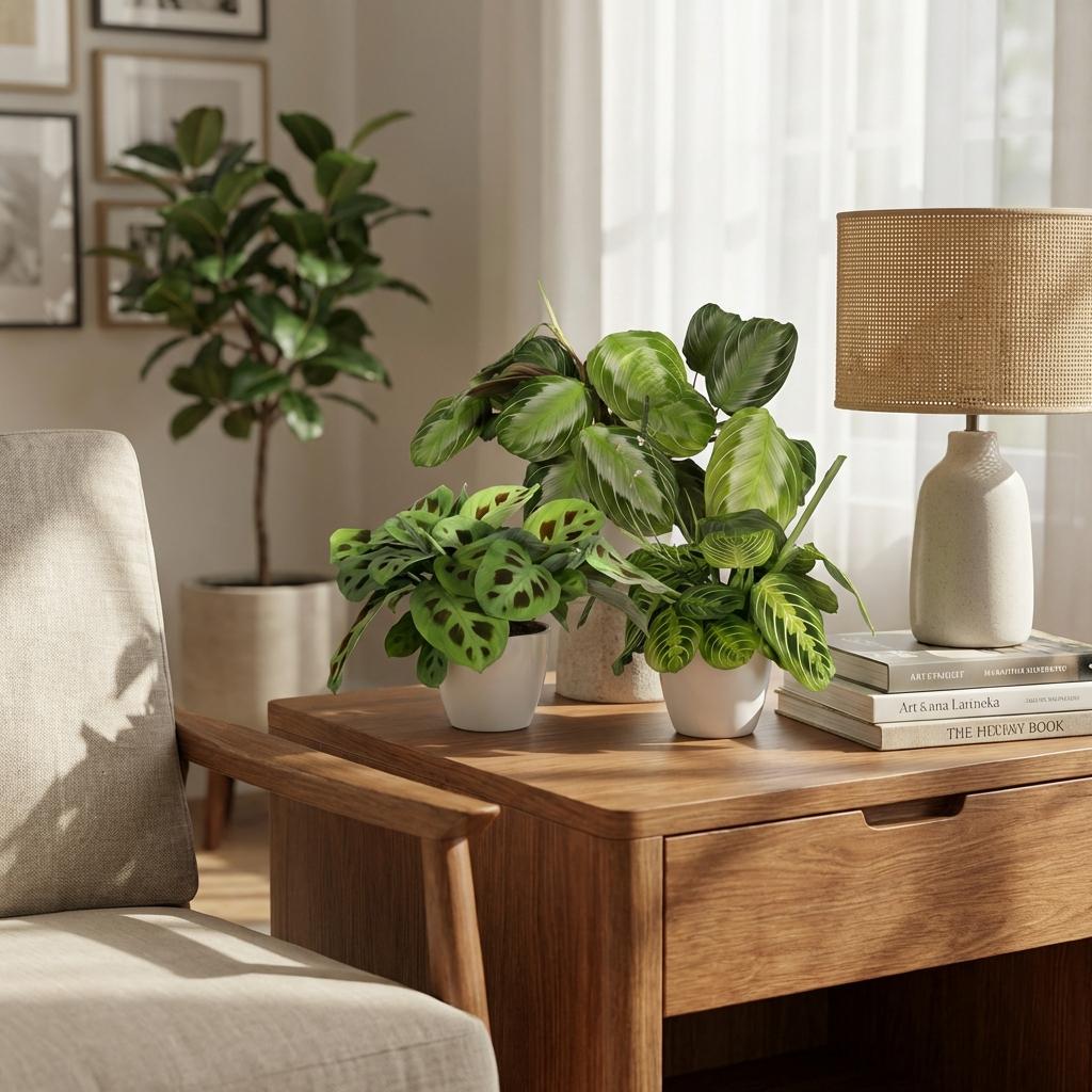 Maranta Silverband, Lemon Lime, Kerchoveana, met witte pot, plant in pot