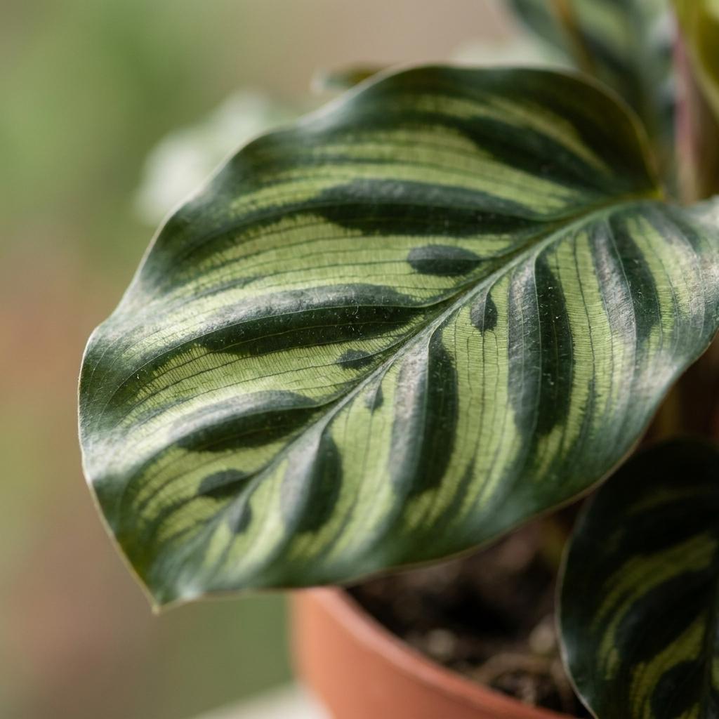 Calathea Makoyana - Pauwenplant met witte pot, groene bladeren