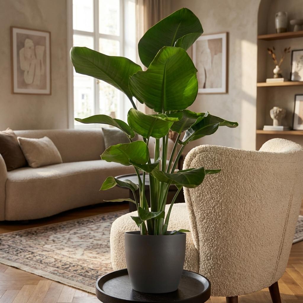Strelitzia Nicolai met grijze pot, plant in pot