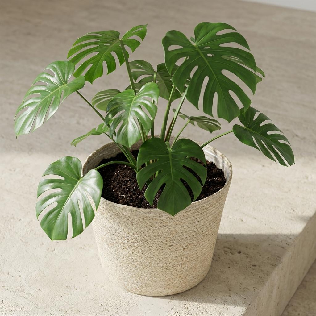 Mand Selin, lichte geweven plantenmand met binnenvoering, plant in pot