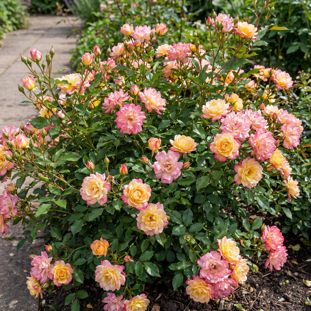 Bodembedekkende roos Tricolor Fairy, geel-roze bloemen, kenmerkend blad