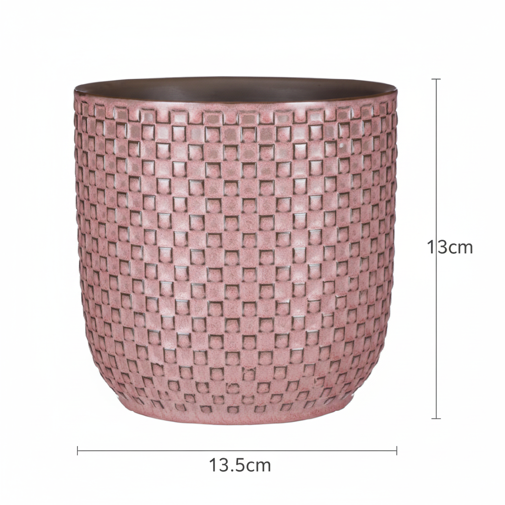 Plantenpot met reliëf, keramiek in oudroze, Ø13,5 cm, groene bladeren