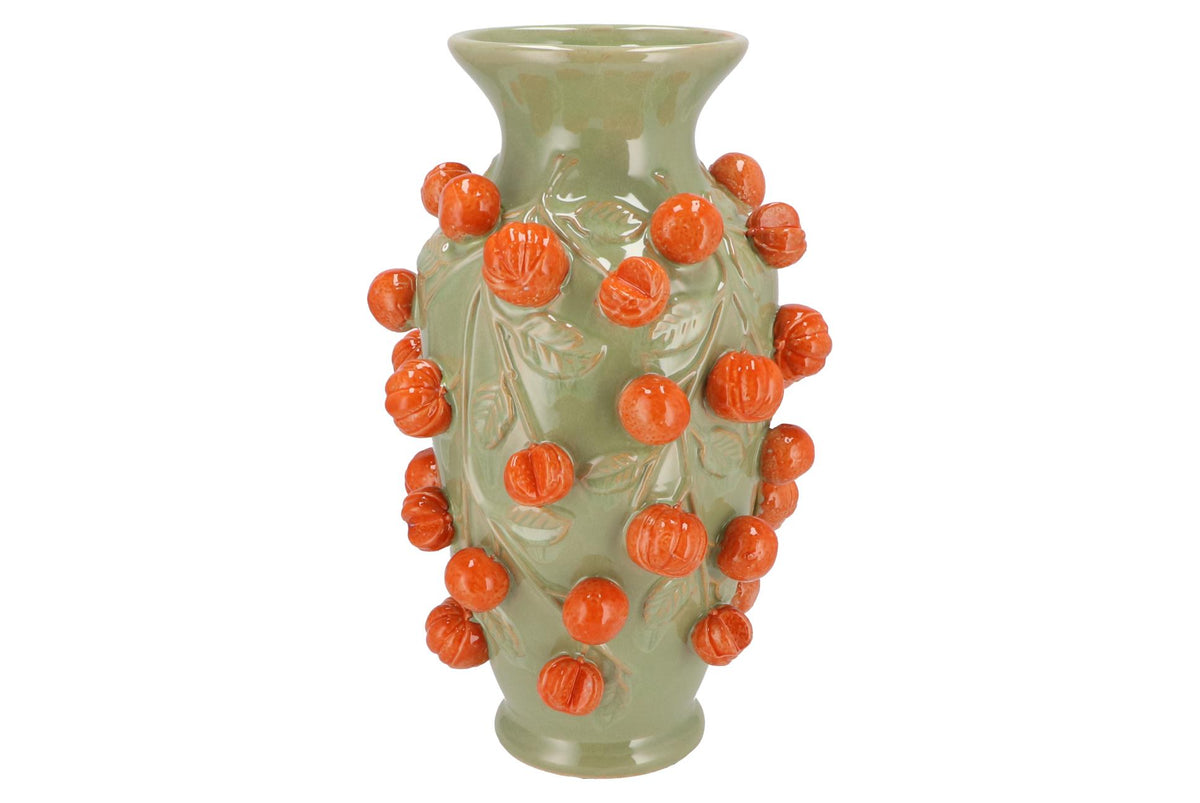 Aardewerk vaas pistachegroen mandarijntjes, M, H38 x B24 cm, groeiwijze van de plant