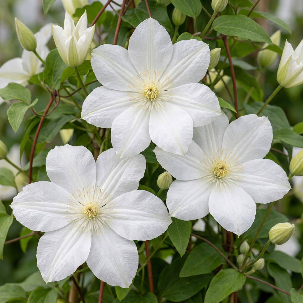 Clematis 'Huldine' - witte bosrank, kenmerkend blad