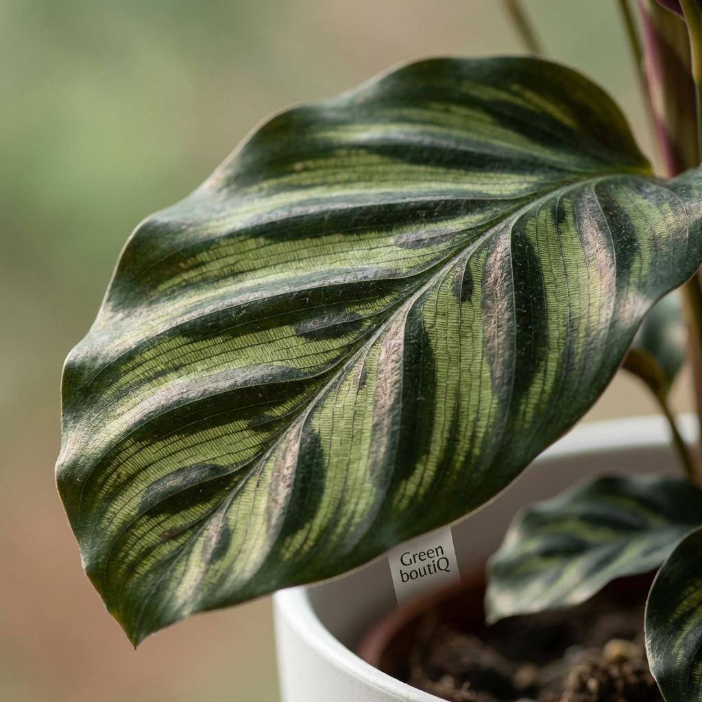 Pauwenplant (Calathea Makoyana) met witte pot, groene bladeren