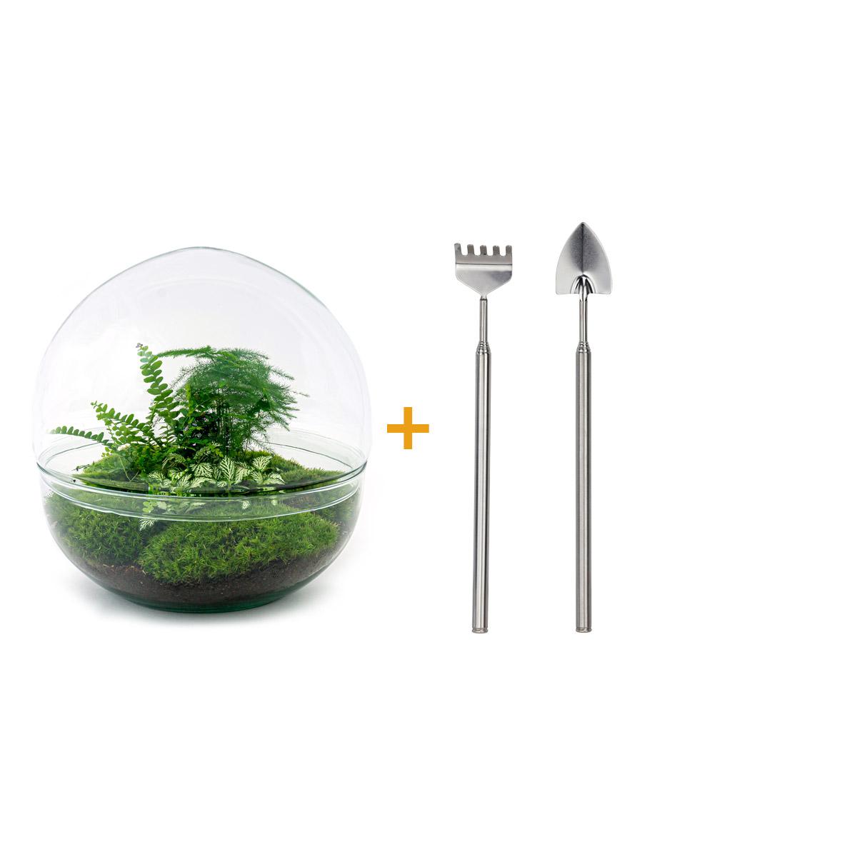 Detailfoto van DIY terrarium bolglas Dome XL, hark en schep