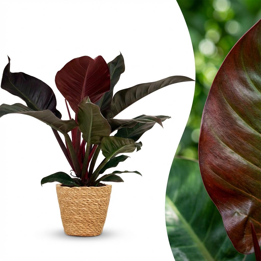 Philodendron Imperial Red - Rood met Mand, detail van het blad