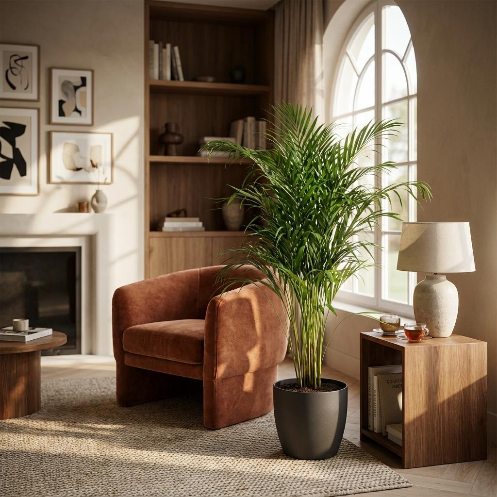 Areca Palm (Dypsis) mit grijze pot, plant in pot